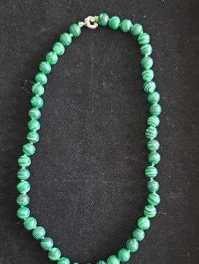 Vintage Green Beaded Necklace - Polished Malachite-Style Strand